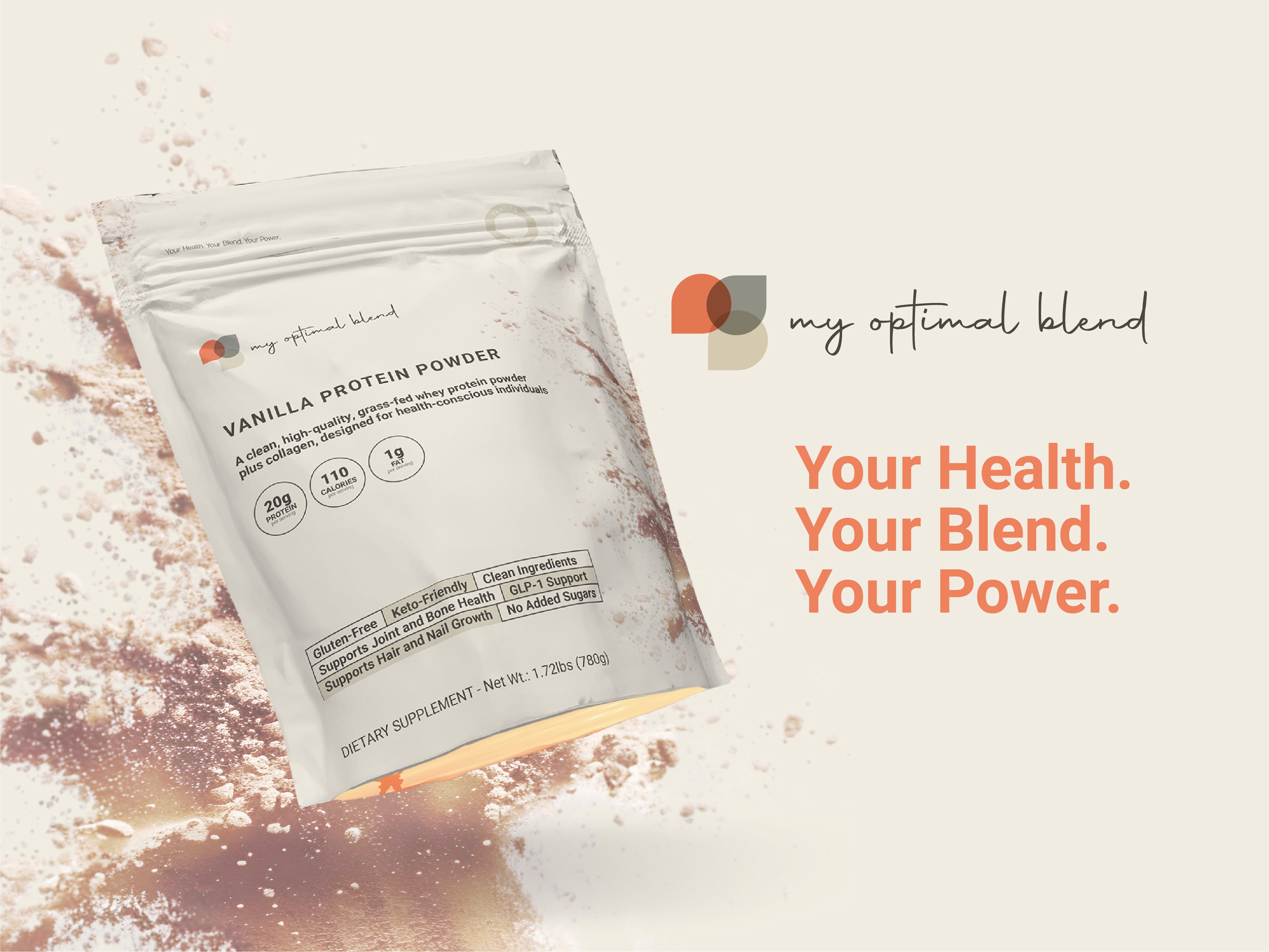 My Optimal Blend protein powder pouch with the tagline your health. your blend, your power.