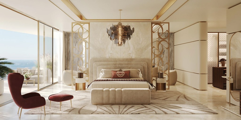 A stylish bedroom with a large bed and a prominent mirror, showcasing a sophisticated interior design.