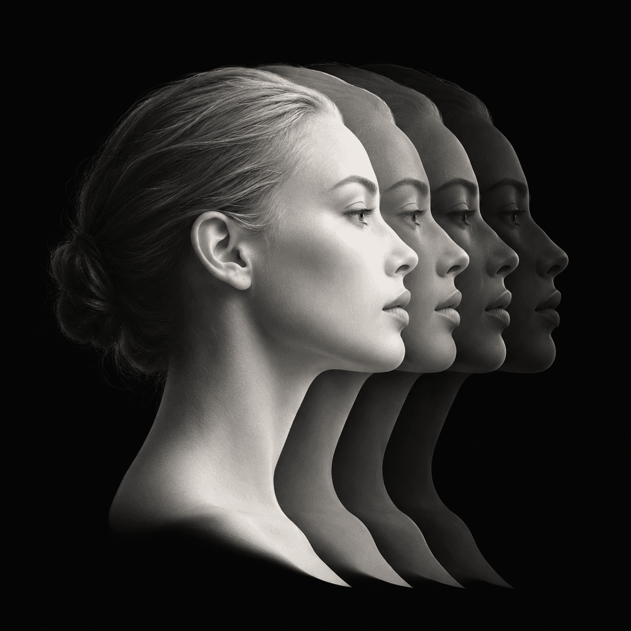 Layered human profiles representing one identity multiplied through AI