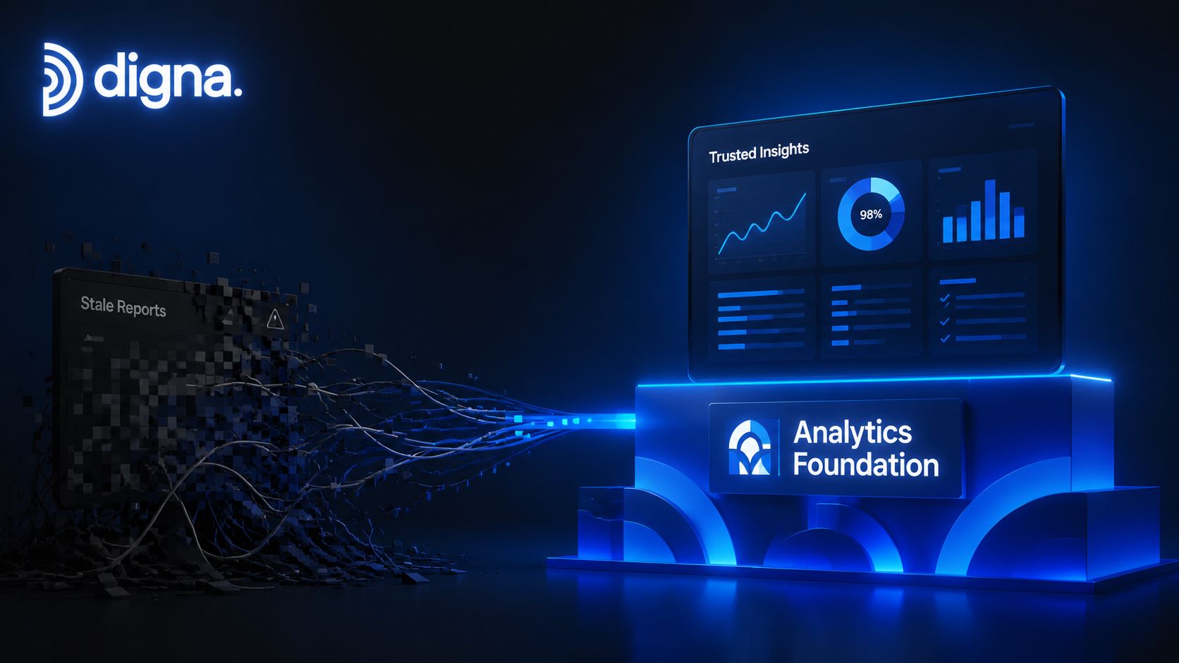 A digital illustration representing data transformation from stale reports into a clean, modern analytics foundation platform.