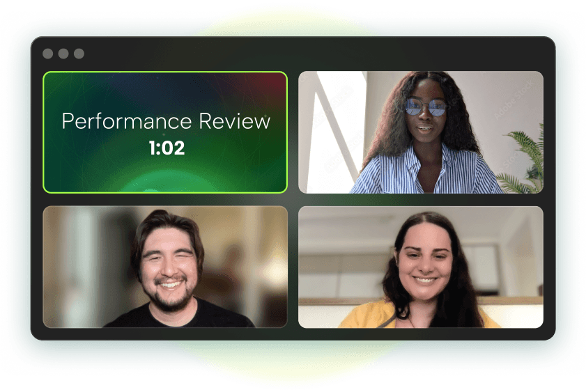 Screenshot of a virtual meeting interface from Spinach AI showing three participants smiling during a “Performance Review” session. The top-left panel displays a timer reading “1:02” under the label “Performance Review.” The other three panels show participants in well-lit indoor settings, engaged in the meeting. The interface has a sleek dark background with a subtle green gradient glow, emphasizing a professional yet friendly video conferencing environment.
