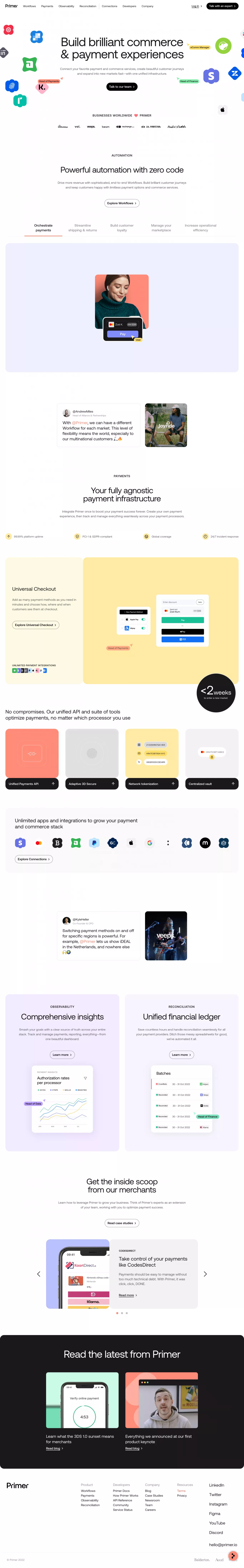 Primer: The ultimate commerce & payments landing page screenshot showcasing Tech and Marketing design