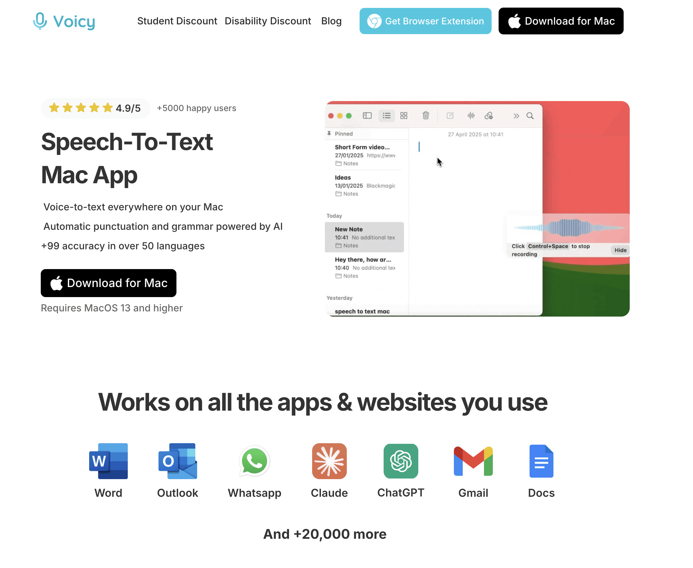 A screenshot of the Voicy speech to text for Mac homepage