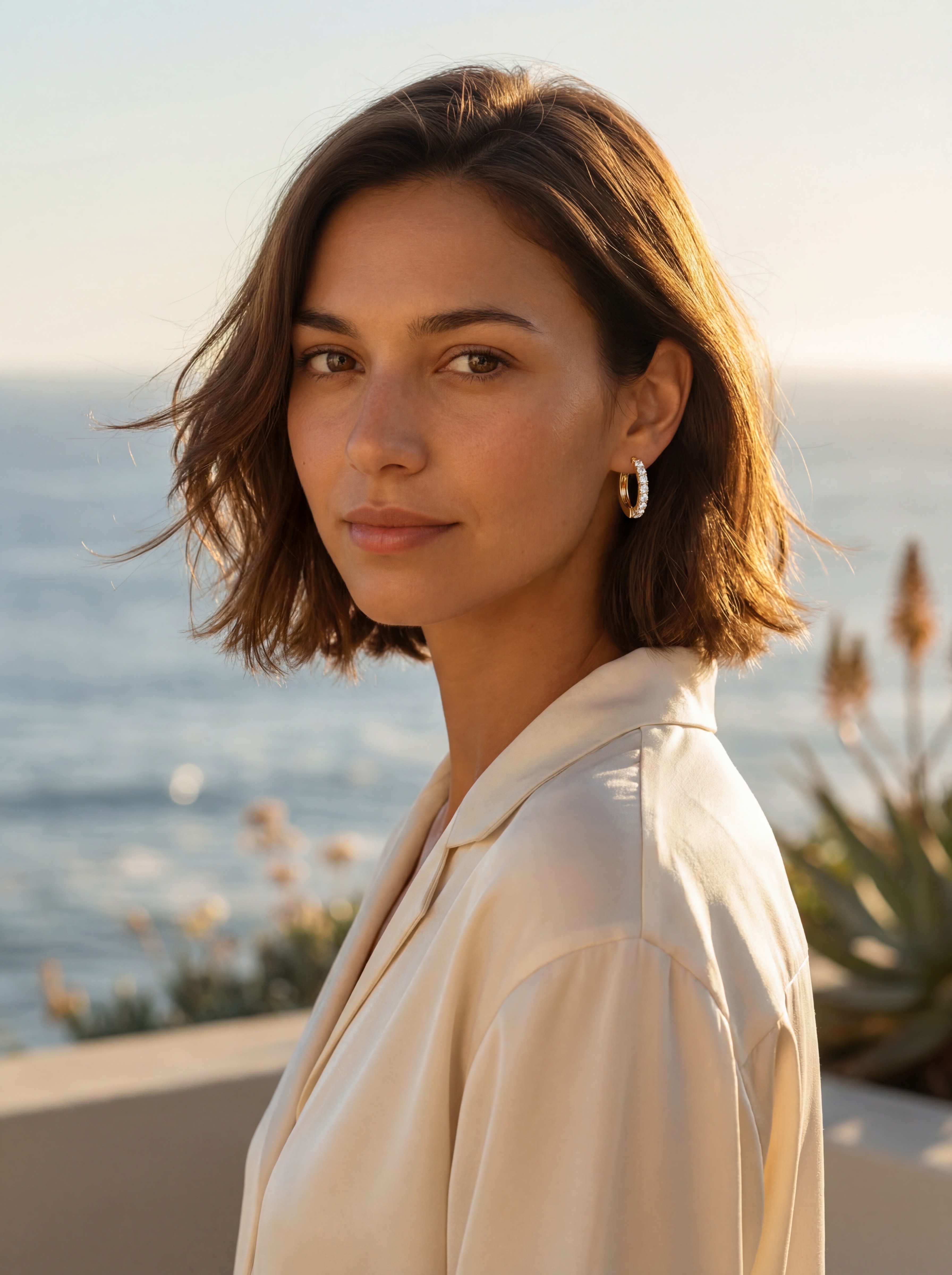 Elena Valenti AI model wearing gold hoop earring, coastal golden hour editorial, relaxed luxury campaign, Gemzy AI jewelry studio