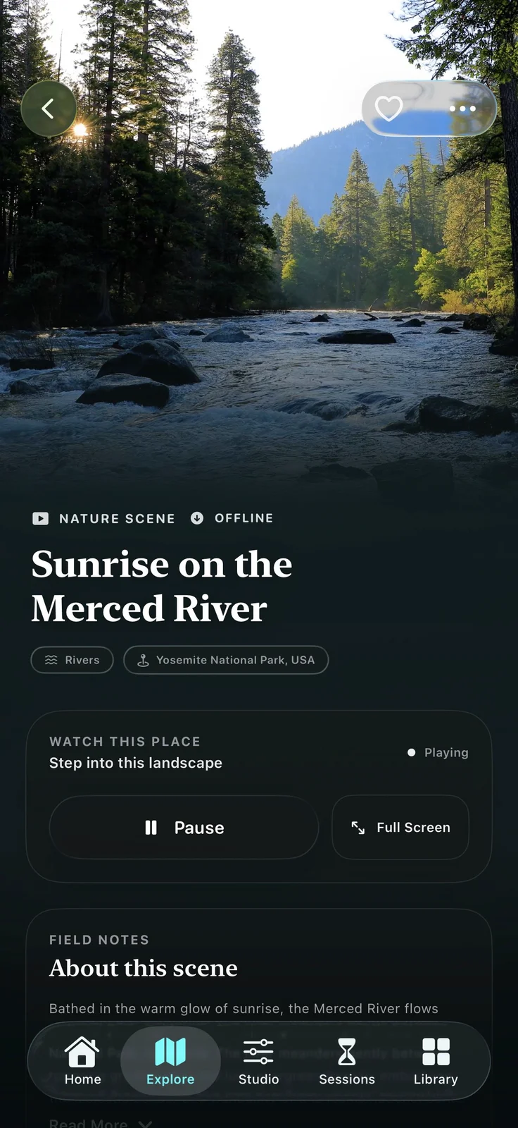 Naturescapes app scene player showing Sunrise on the Merced River