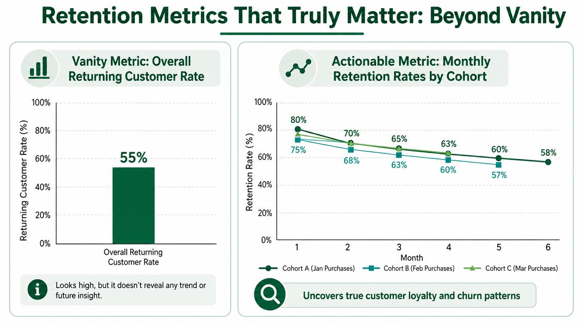 A comparison between a simple vanity metric chart and an actionable cohort-based customer retention line chart.