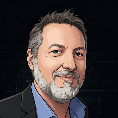 Illustrated portrait of Rob Whitaker with grey hair and beard in a black jacket against a dark tech-patterned background.