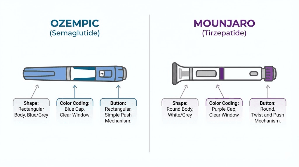 Semaglutide vs tirzepatide pen appearance comparison Ozempic versus Mounjaro identification