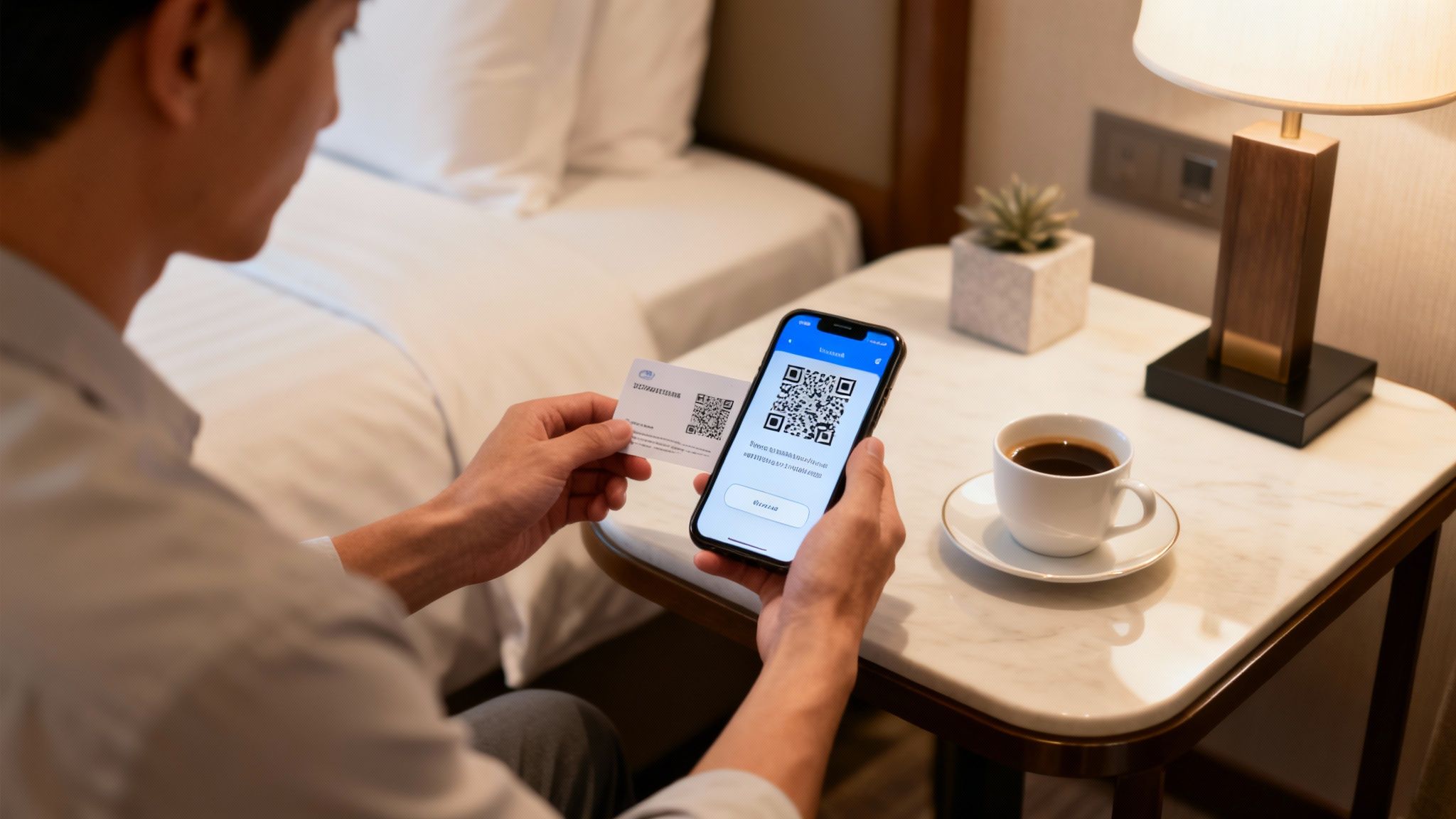 A man in a hotel room scanning a QR code from a card to his smartphone, next to coffee.