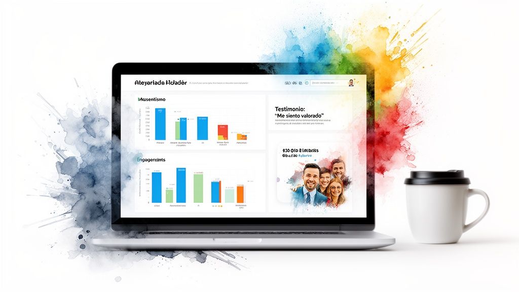 Laptop mostrando un panel de control con gráficos de ausentismo y engagement, testimonios y fotos de personas, con salpicaduras de acuarela de fondo y una taza de café al lado.