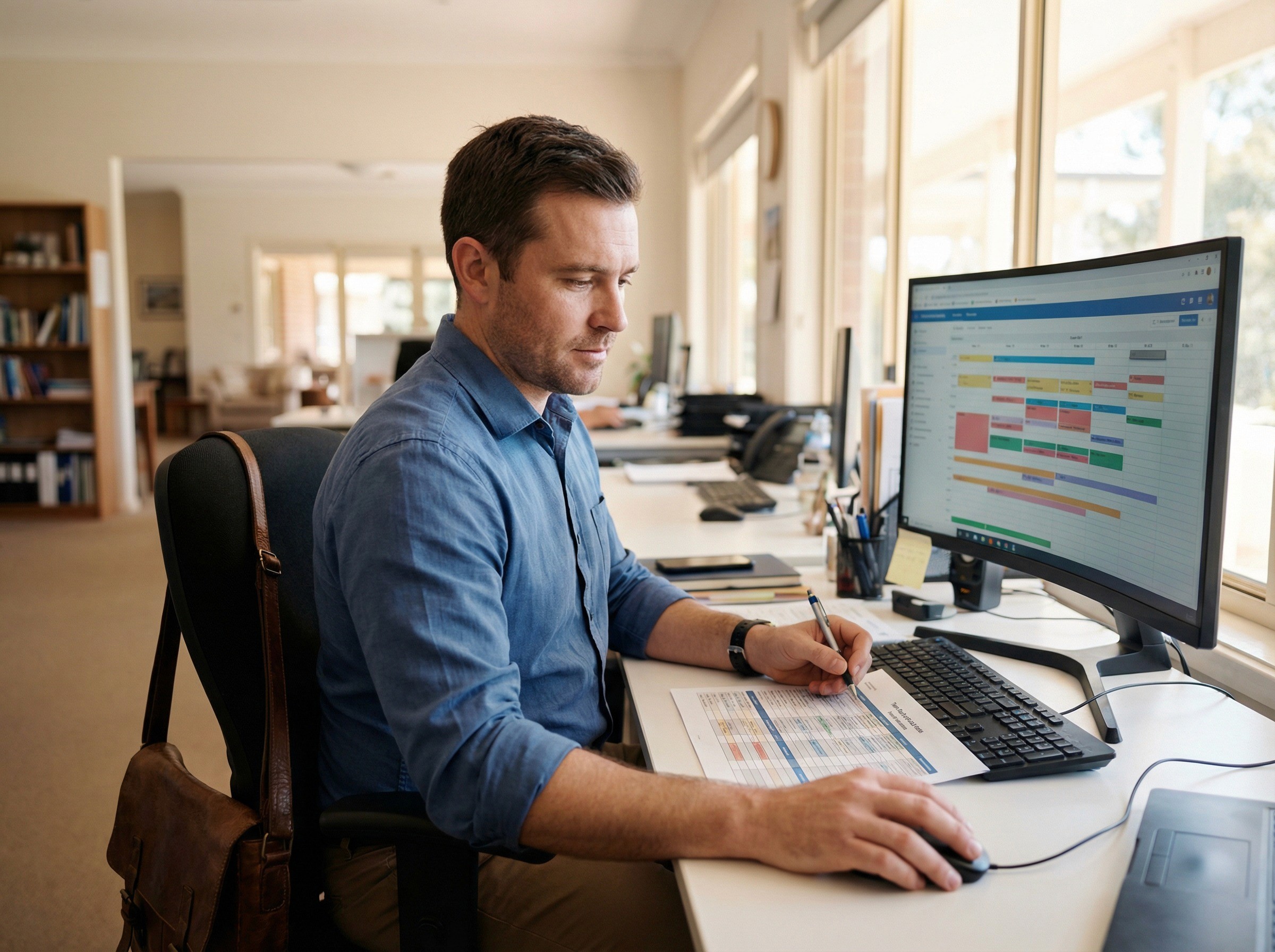 A WHS coordinator in his mid-30s sitting at a desk in a shared office within a mid-sized aged care organisation, looking at a wide monitor showing a calendar-style planning view with coloured blocks distributed across future weeks and months — visible as structured time blocks but not legible. He has one hand on the mouse, the other holding a pen, and is marking something on a printed team roster beside the keyboard. The roster has names, roles, and columns — suggesting he is assigning ownership of upcoming compliance tasks to specific people.
