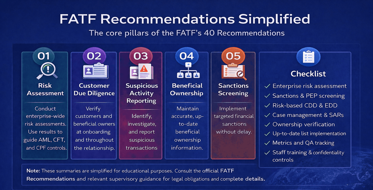 FATF recommendations simplified infographic showing the core pillars of the FATF 40 recommendations including risk assessment, customer due diligence, suspicious activity reporting, beneficial ownership, sanctions screening, and an AML compliance checklist for audit readiness.