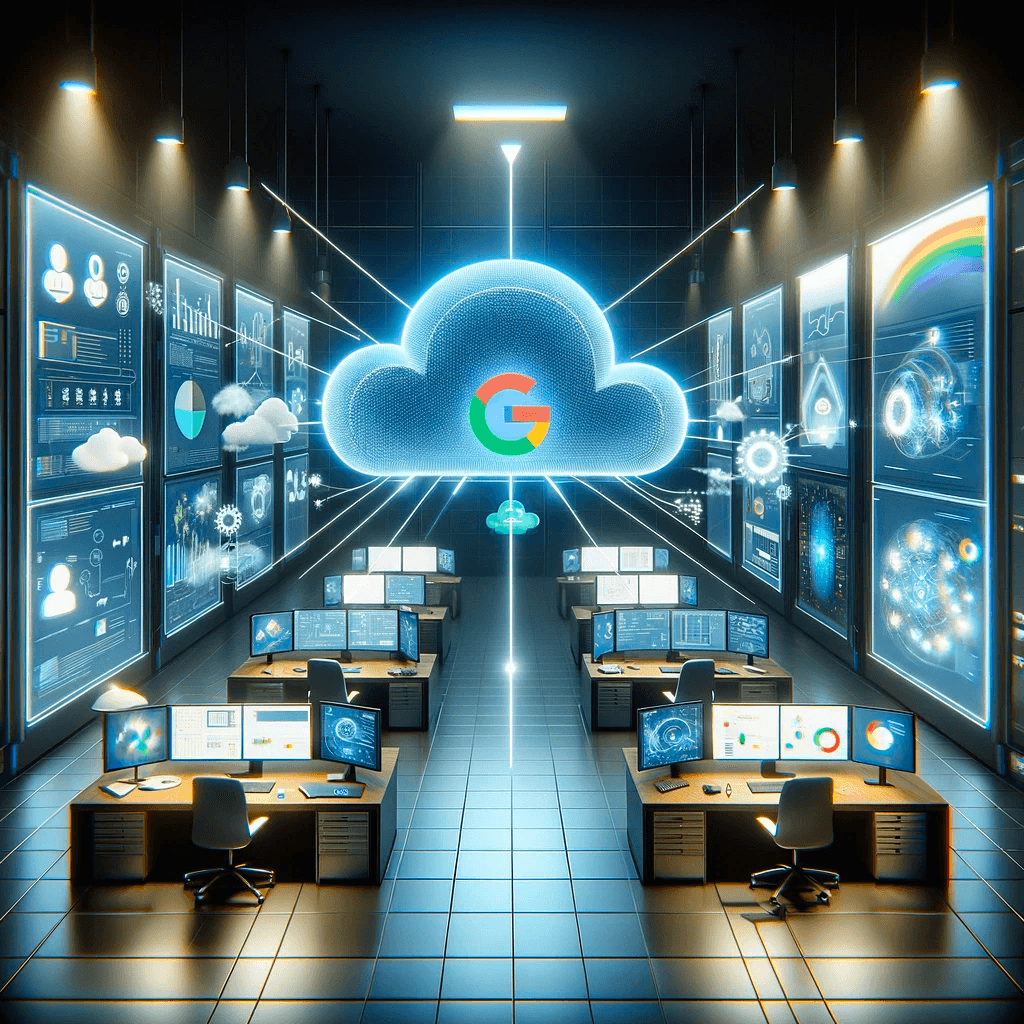 Futuristic control room with rows of desks featuring multiple computer monitors, all displaying various types of analytical data. The room is illuminated by neon lights with a large, glowing digital cloud icon bearing the Google logo at the center. The room has a modern, high-tech vibe with a dark color scheme and blue neon accents.