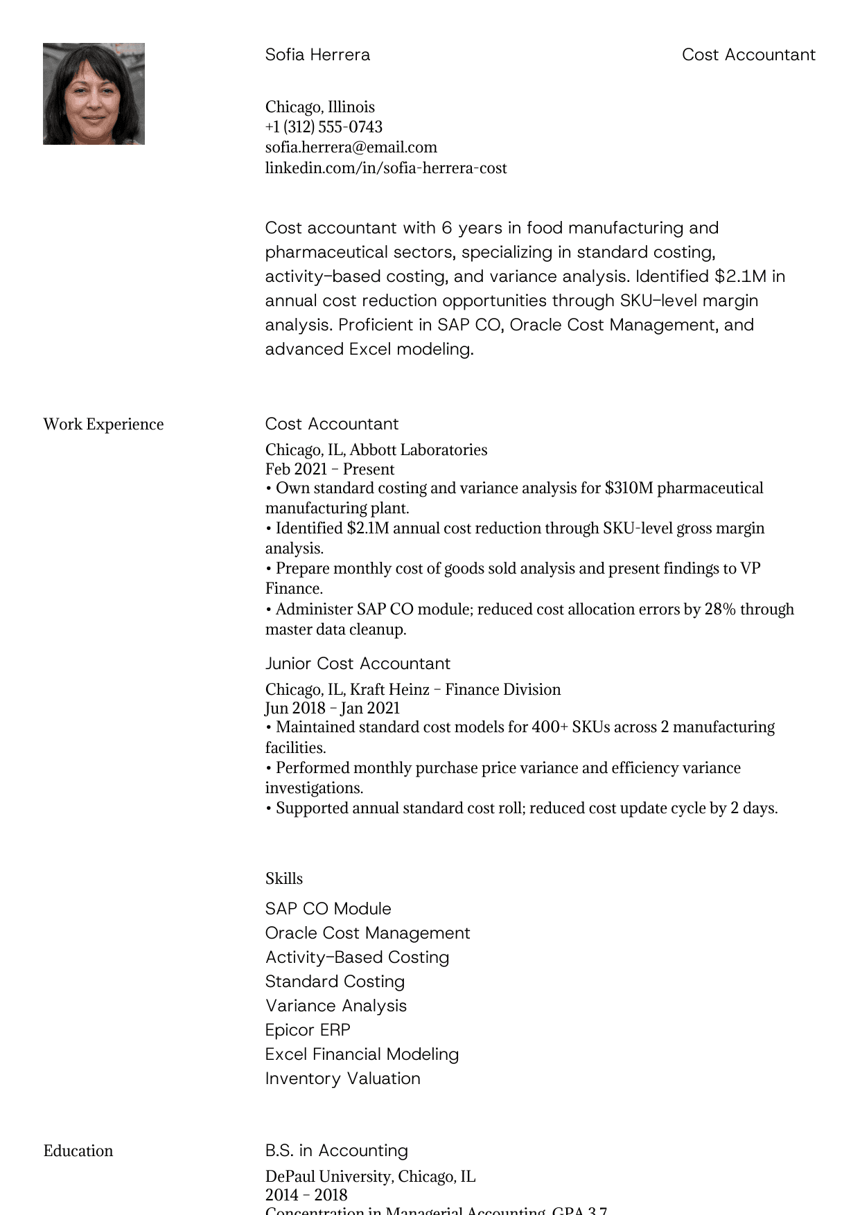 Cost accountant resume example