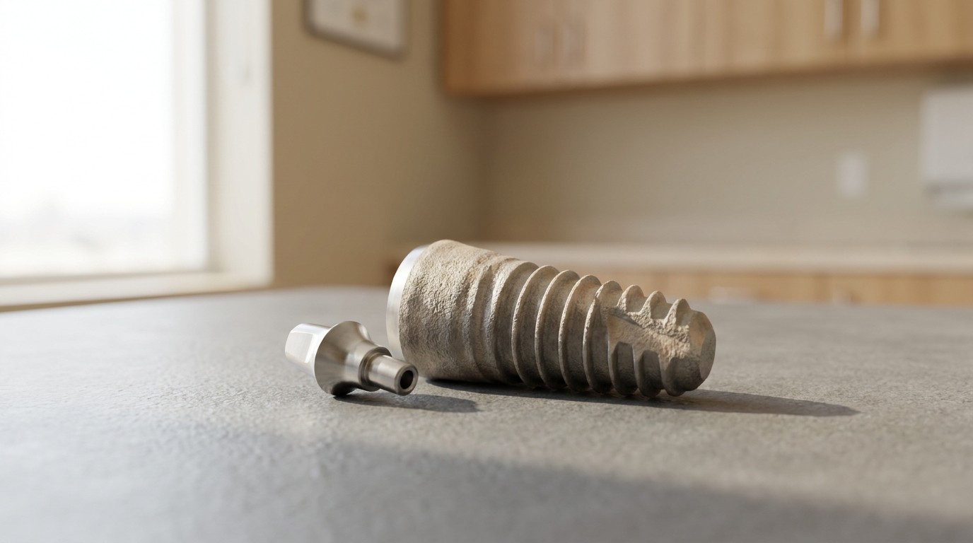 A dental implant post and abutment shown separately before assembly