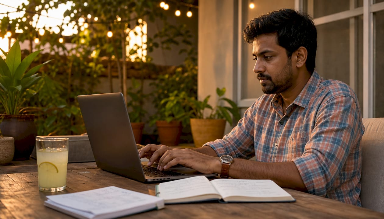 Man typing on laptop in home office workspace