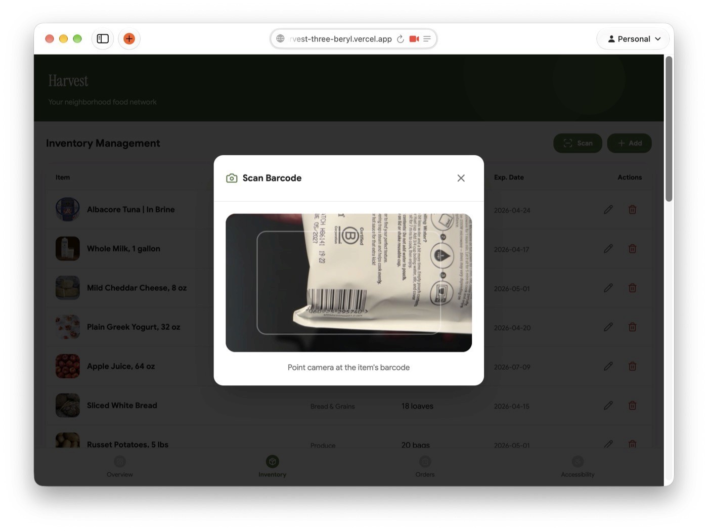 Barcode scanning modal used to log new inventory by pointing a camera at a product barcode