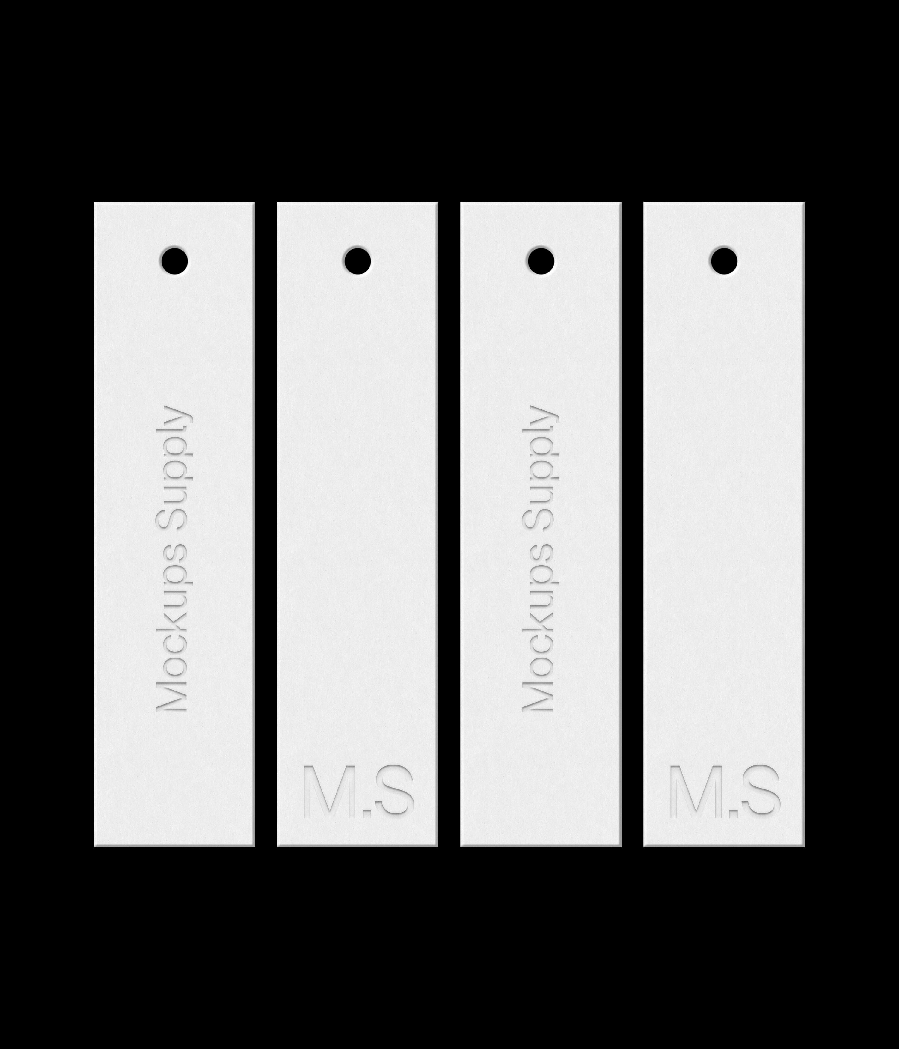 Four white 1x4 slim hang tags mockup on black background with debossed text effect for Photoshop download psd