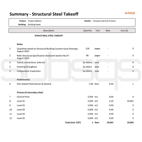 Screenshot of Final structural steel takeoff estimate report for level 01 details using CostX software by SubsQS Ltd