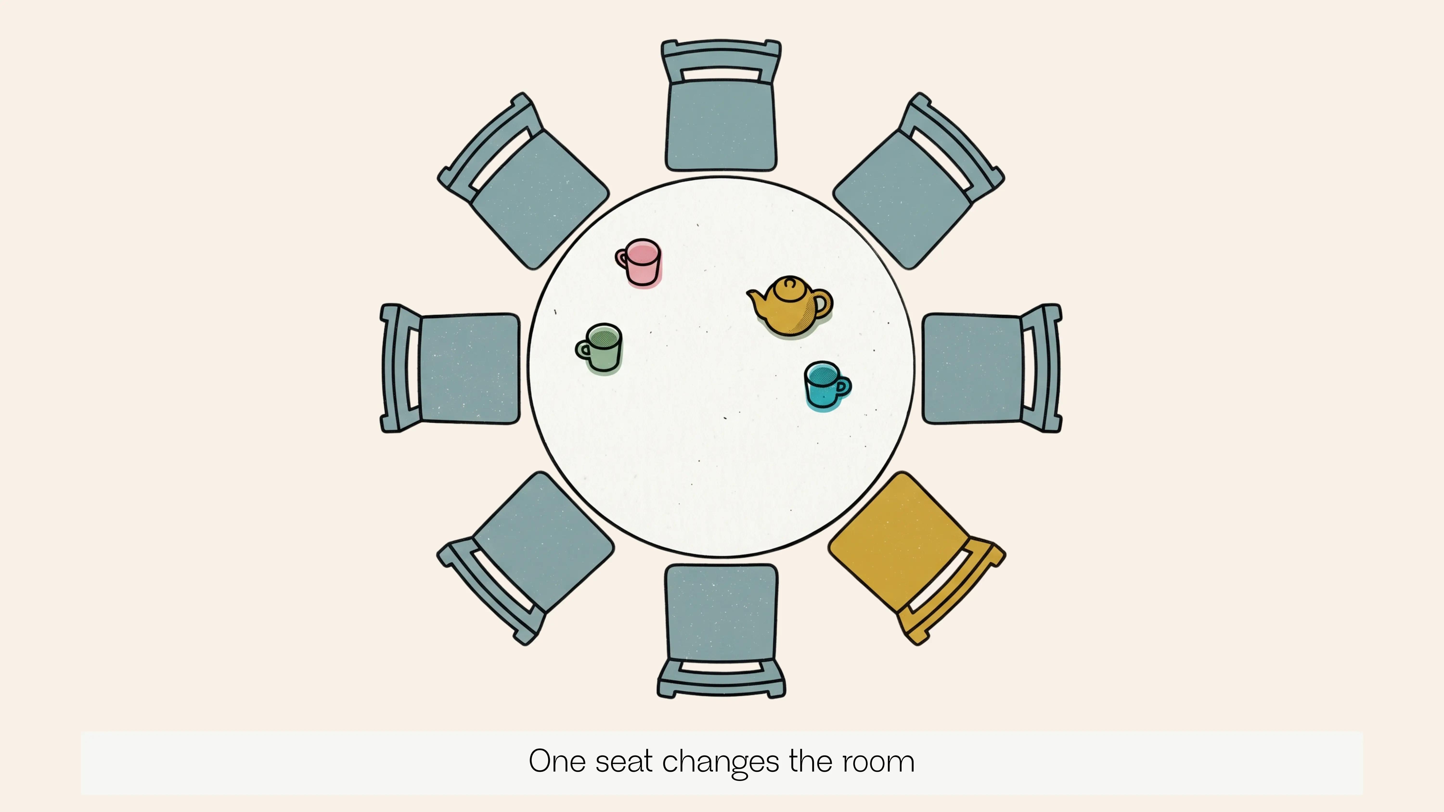 Round table with one yellow chair among blue chairs