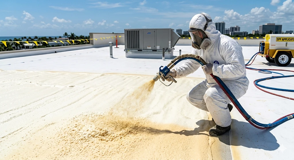 SPF spray foam roofing South Florida — closed-cell polyurethane foam application on commercial flat roof by Roofing Network licensed applicator