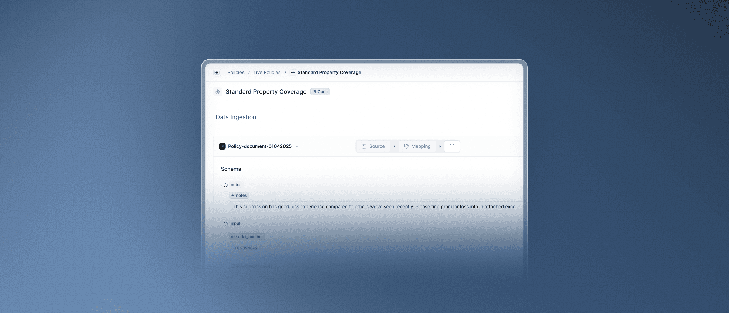 Data ingestion interface for assessing standard property coverage policies.