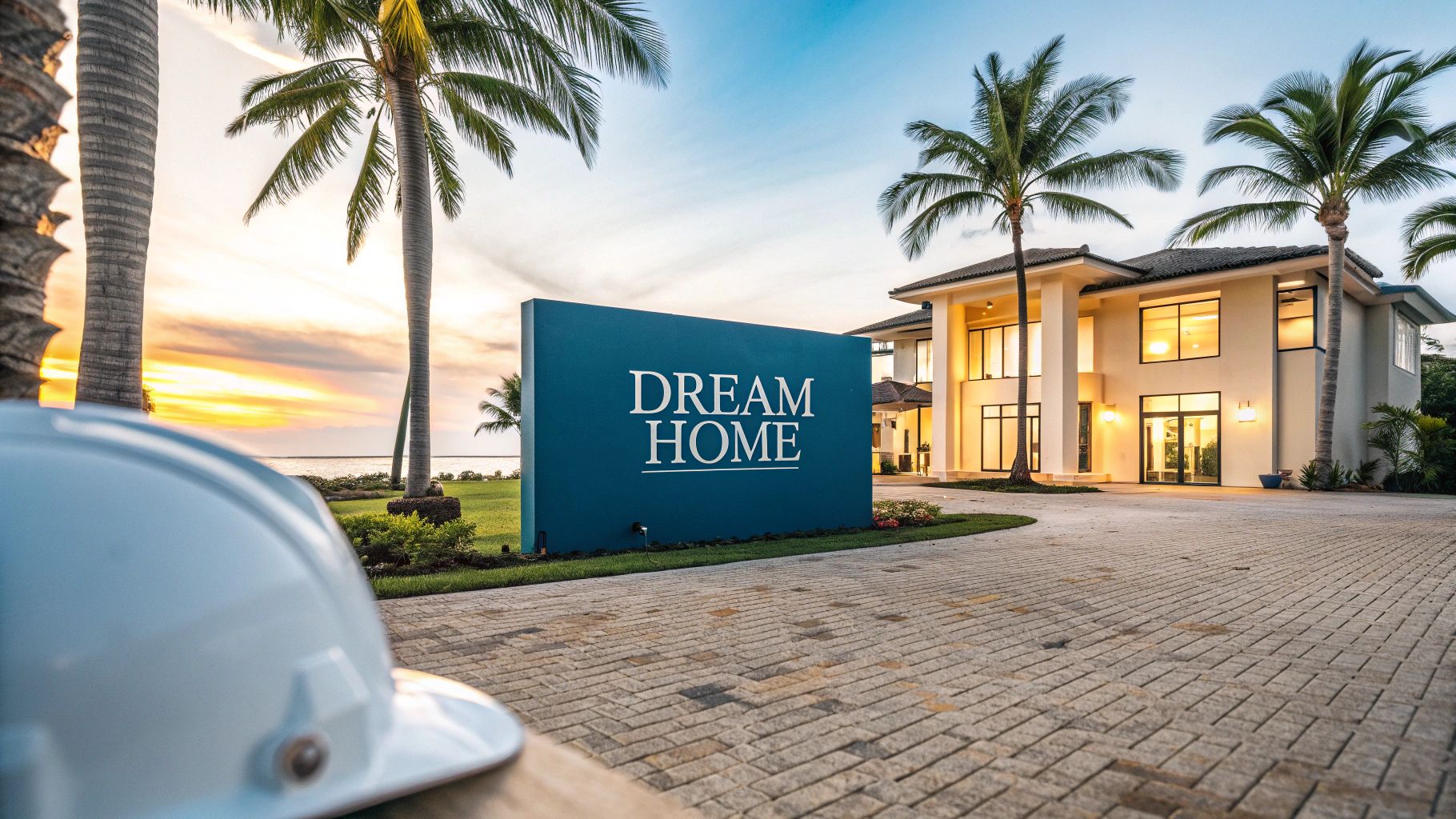 a beautiful driveway and blue sign reading 'dream home' with a mansion and palm trees in the background