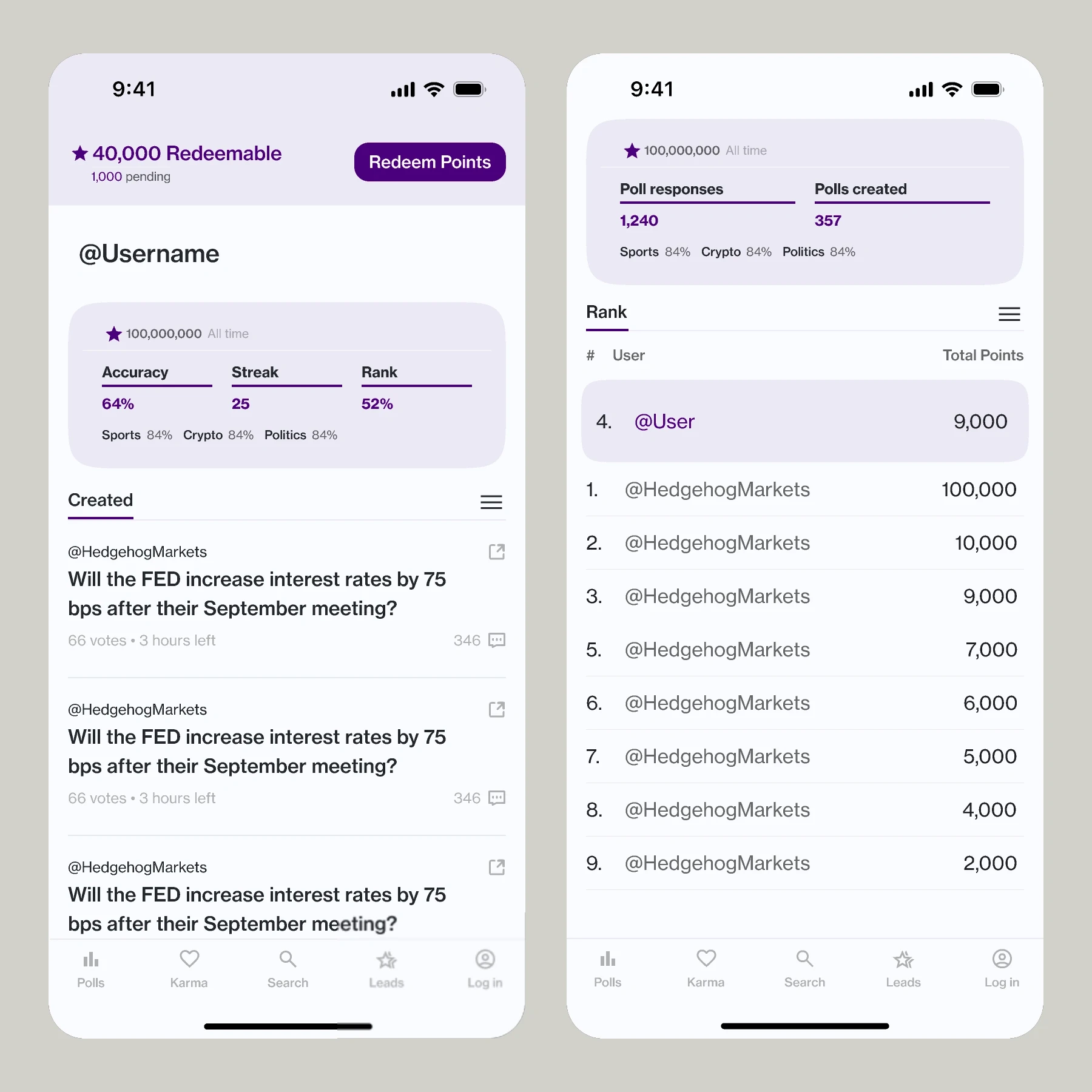 Hedgehog purple mobile UI - portfolio-rank