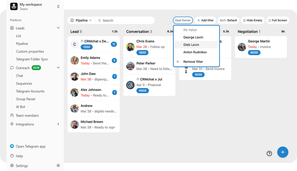 CRMChat CRM pipeline view