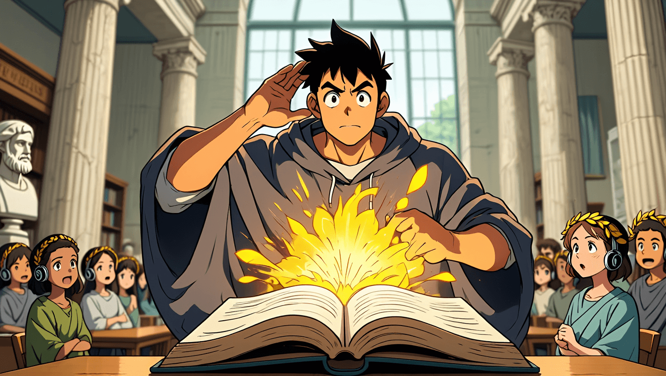 Student closing a huge textbook and forcing the brain to retrieve answers with golden recall sparks