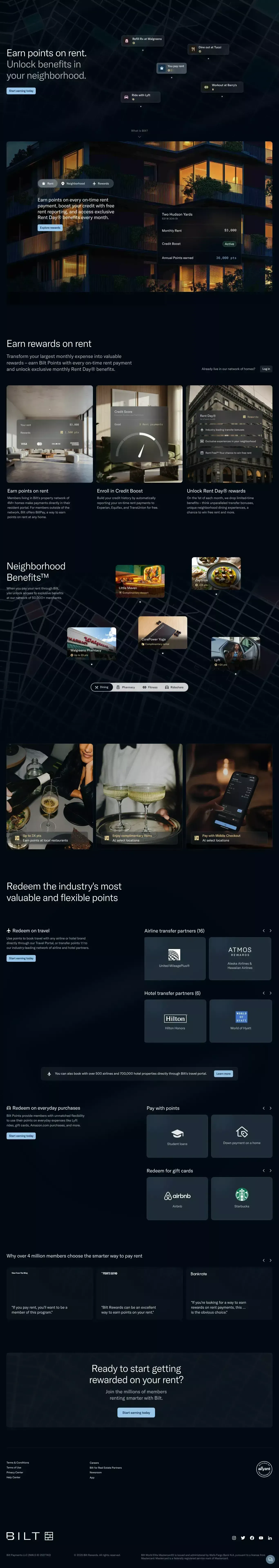 Bilt - Earn rewards on rent. landing page screenshot showcasing Finance and Real Estate design