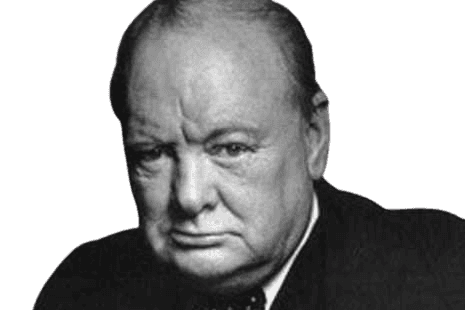 A classic black-and-white portrait of Winston Churchill, the iconic British Prime Minister, known for his leadership during World War II. Churchill is depicted with a serious and determined expression, wearing a suit and bow tie. His stern gaze and strong features symbolize his resolute character, which played a crucial role in shaping British wartime resilience and global history.