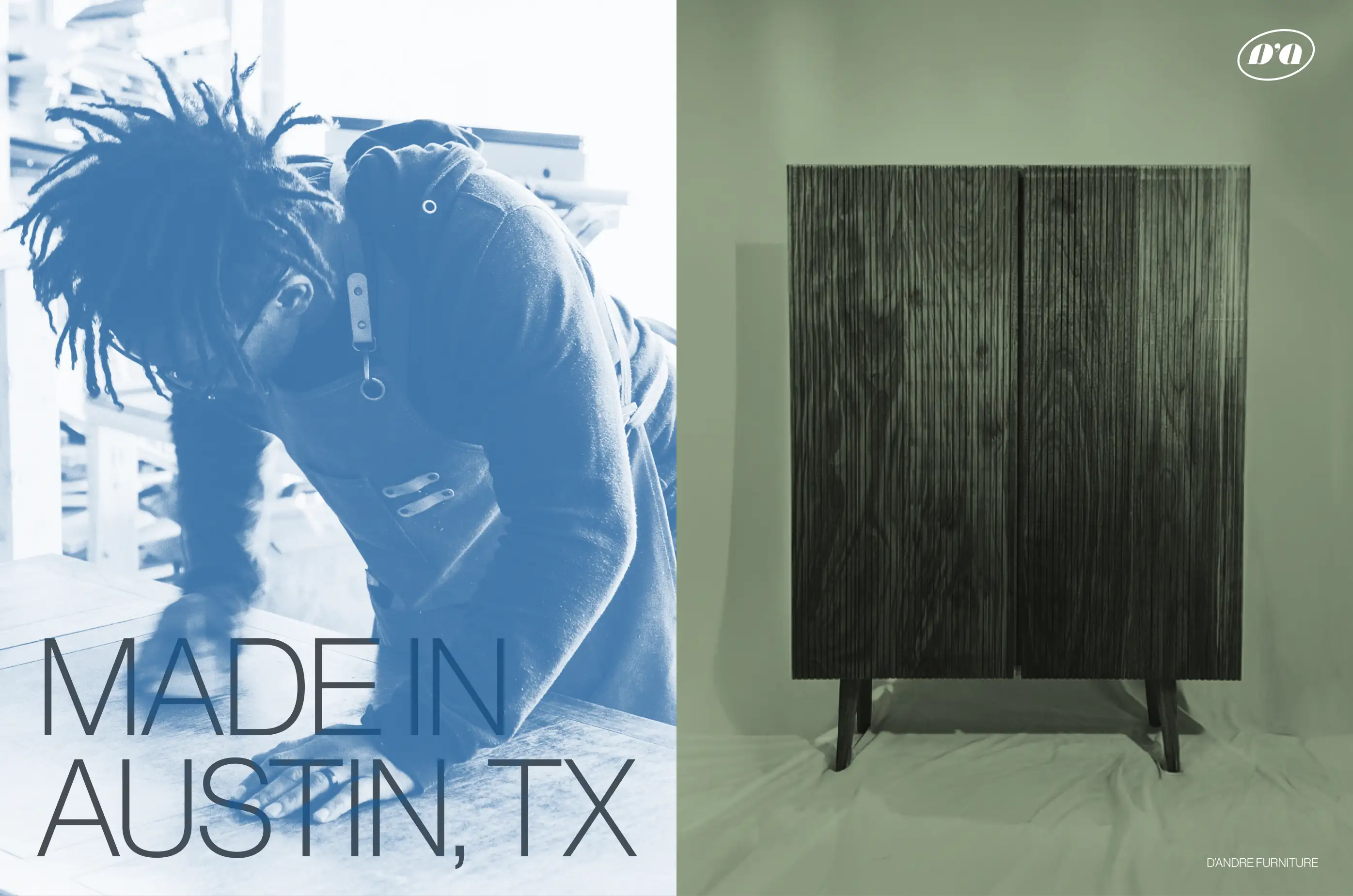 D’Andre Furniture — Split layout with portrait and furniture photography — Brand collateral