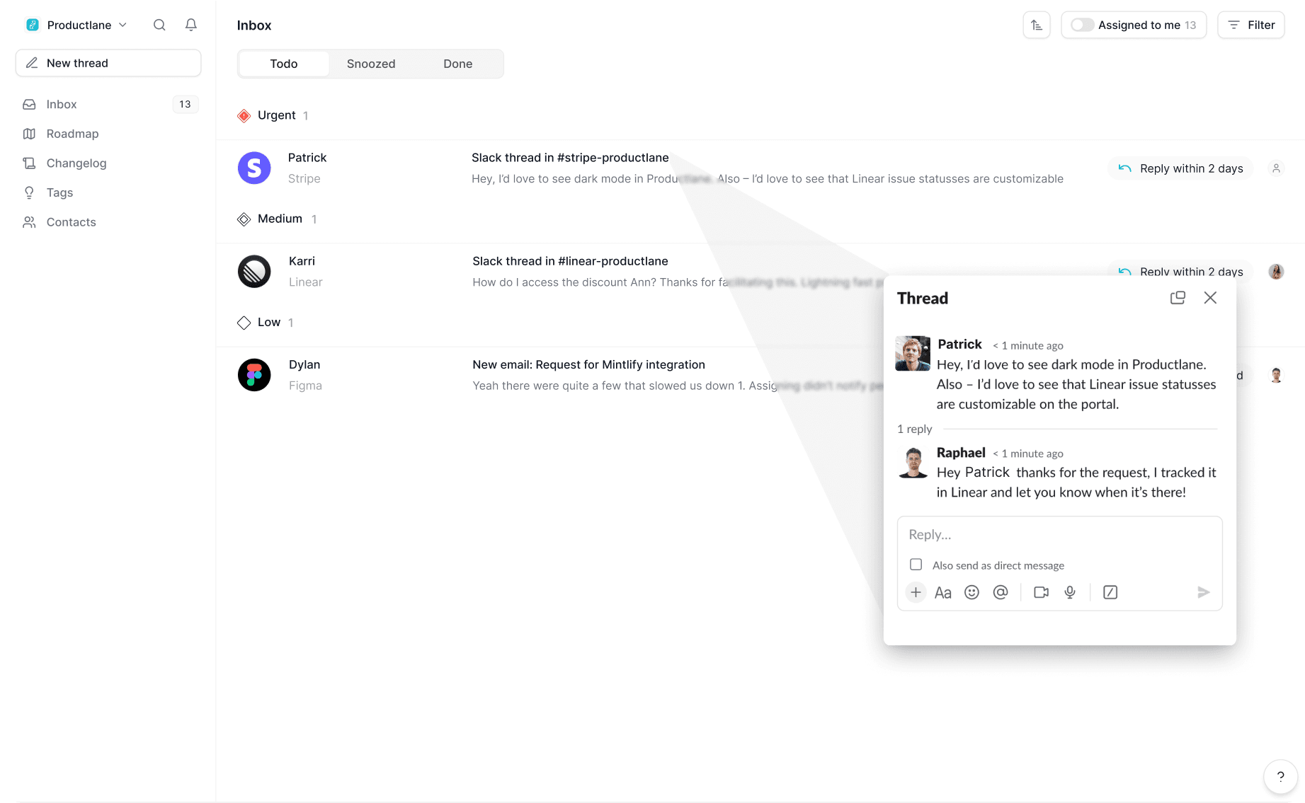 slack inbox customer support productlane