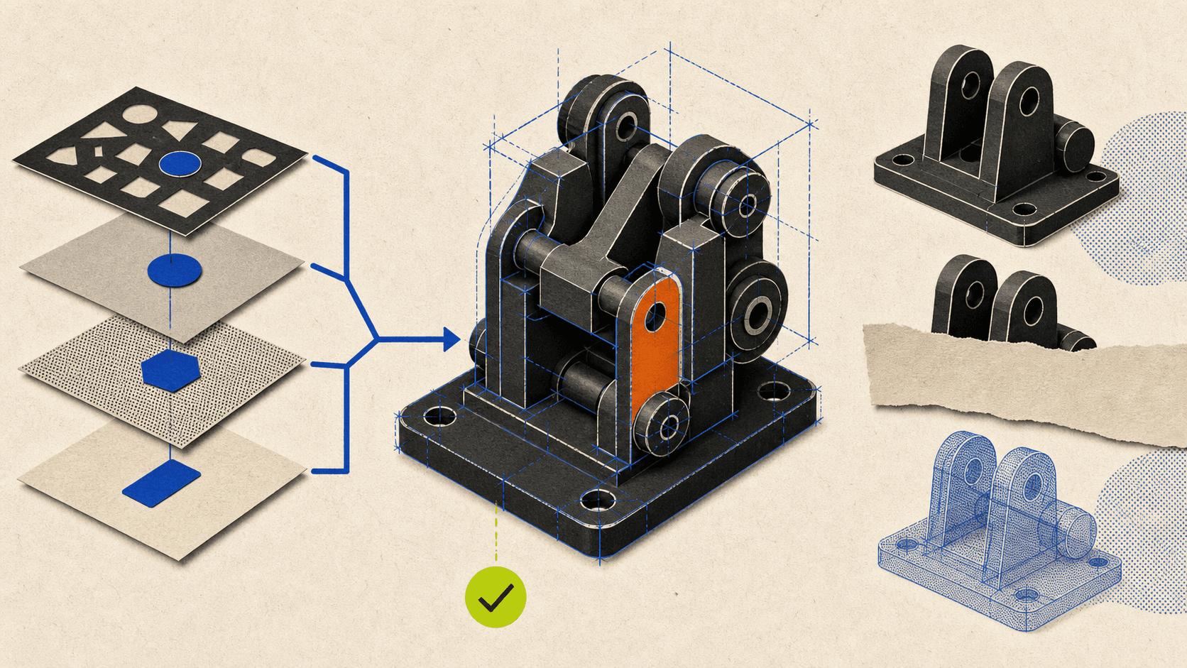 Mechanical CAD assembly with filtered selection layers and visible, hidden, and translucent component states