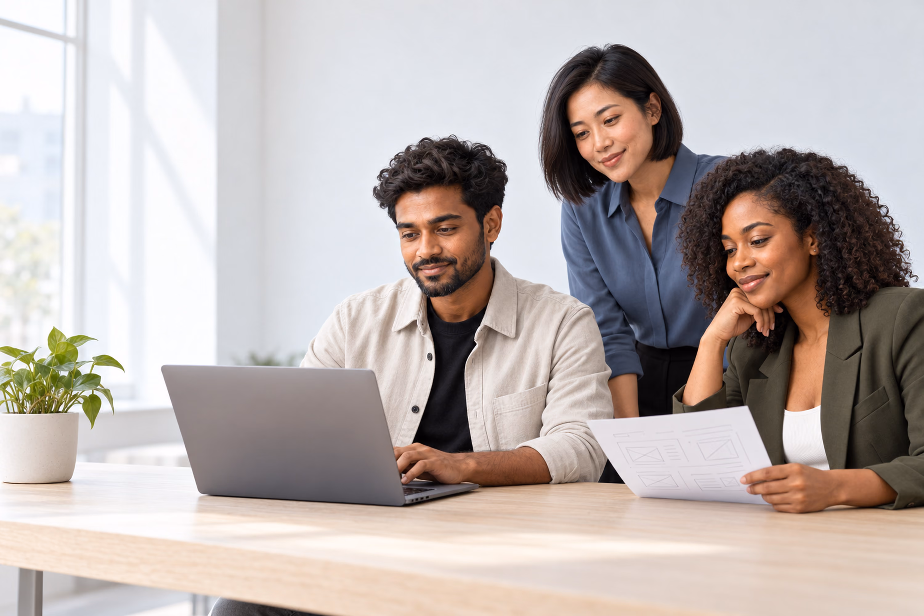 Three Monoform team members working together at a laptop in a bright studio