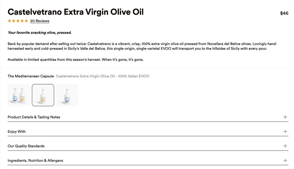 Brightland Castelvetrano olive oil product page with short description and accordion details