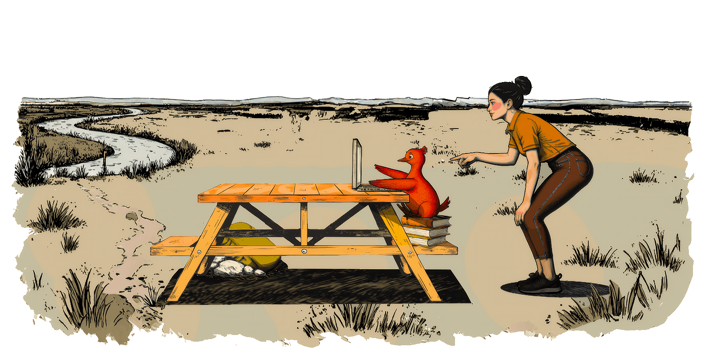 Lawyer website design concept showing woman and bird collaborating on laptop at a picnic table.