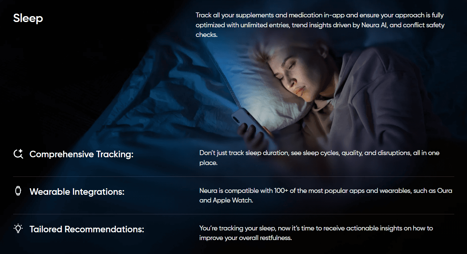 Woman on her phone in bed with infographic detailing Neura personalized sleep training plans