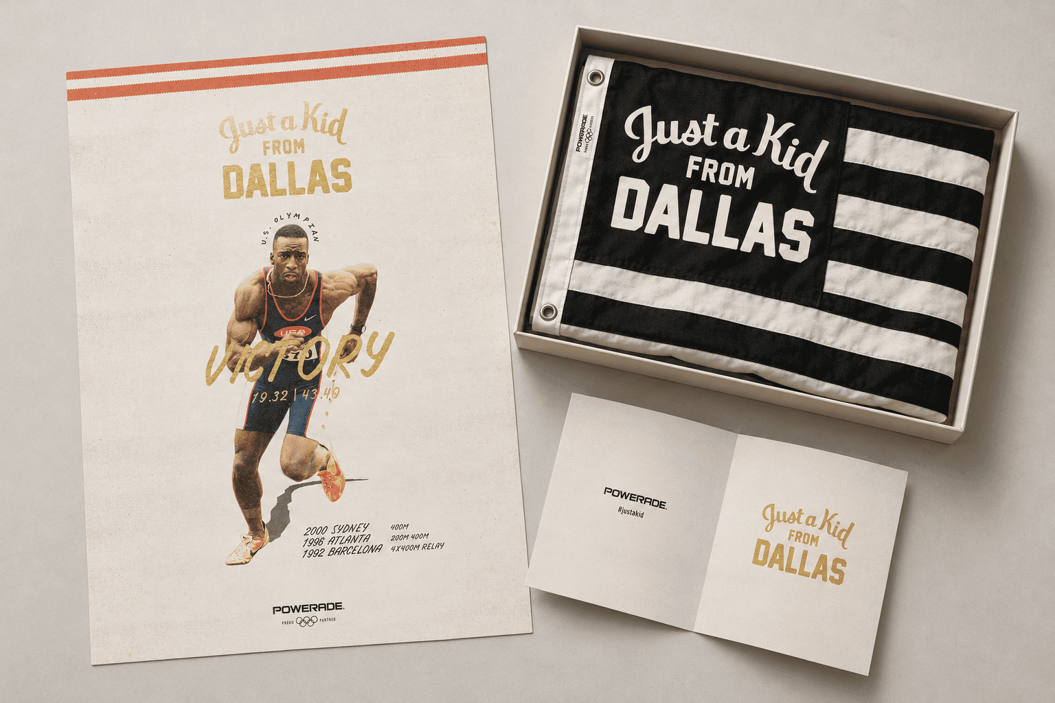 Powerade Dallas influencer kit: athlete poster, boxed campaign flag and printed card