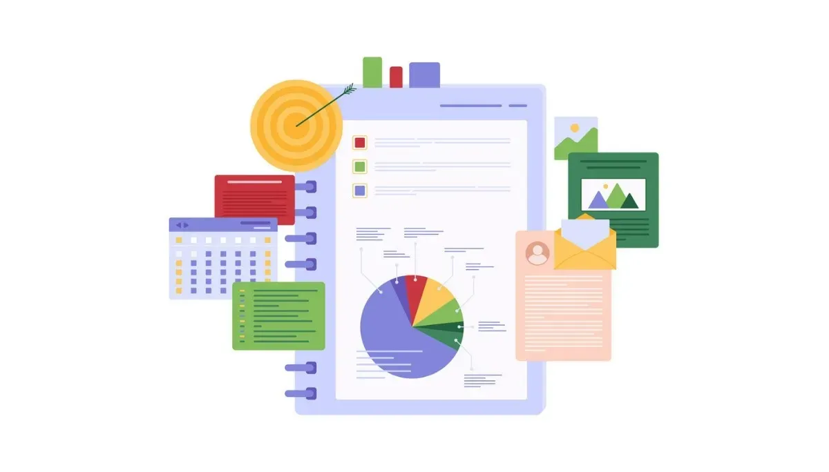 Stylized illustration of a large notebook filled with charts, checklists, and project details, surrounded by icons of a calendar, documents, a target with an arrow, and communication symbols—representing the organized, data‑driven format of a project proposal designed to win approval.