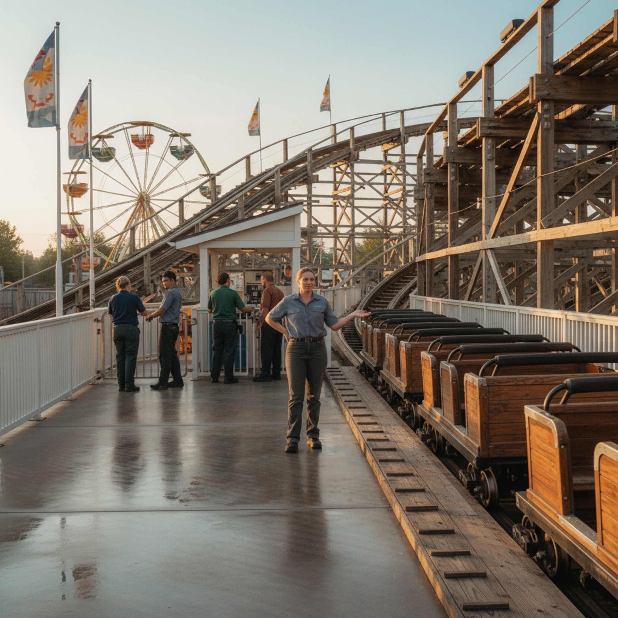 Frühe Sonne fällt auf eine hölzerne Achterbahn, während ein Team die Wagen testweise durch die Station rollt. Ein Mitarbeiter hebt die Hand, die leere Warteschlange glitzert vom frisch gewischten Boden. In der Ferne drehen sich bunte Gondeln, ein leiser Wind bewegt Fahnen. Die Szene wirkt ruhig, geordnet und bereit für Besucher.