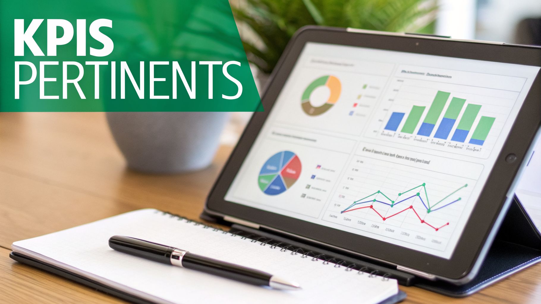 Une tablette affiche des graphiques et des tableaux de bord, avec le texte 