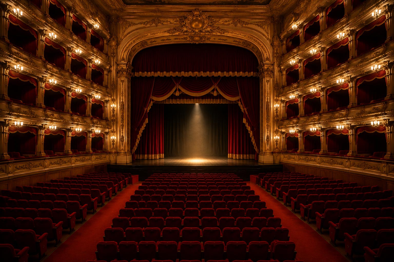 Interno di un teatro storico illuminato simbolo di rinascita culturale e nuove possibilità