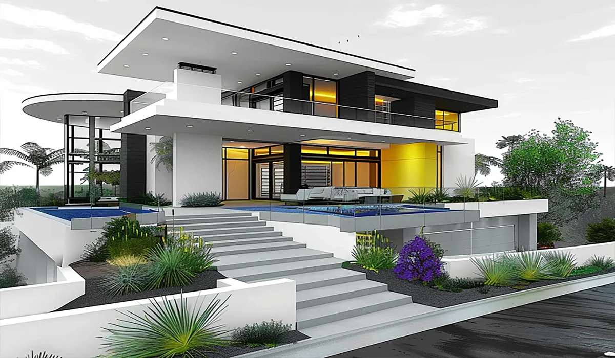ai concept house mid-century modern white with yellowaccents by Jeff Page.