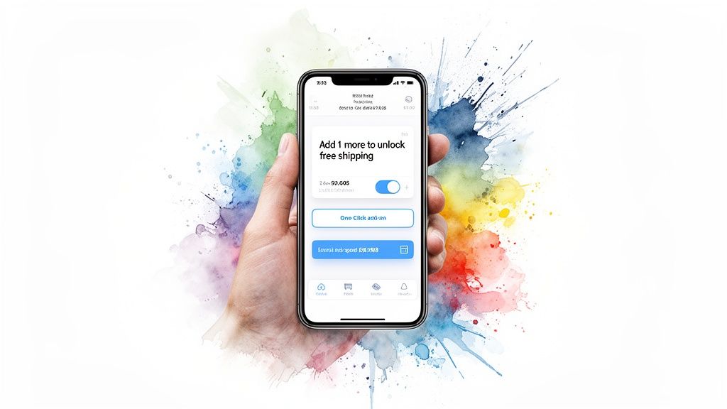 A hand holding a smartphone displaying an e-commerce app with a 'free shipping' offer, against a colorful watercolor background.