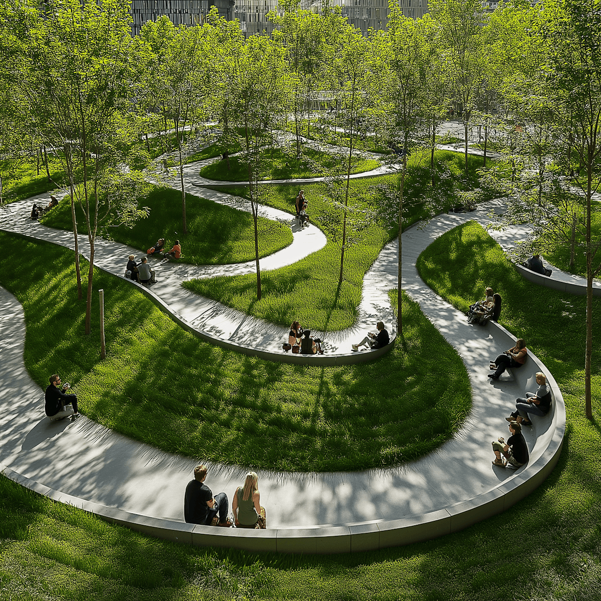 Curving park pathways winding through green lawns and young trees, with people sitting and walking throughout the landscape.