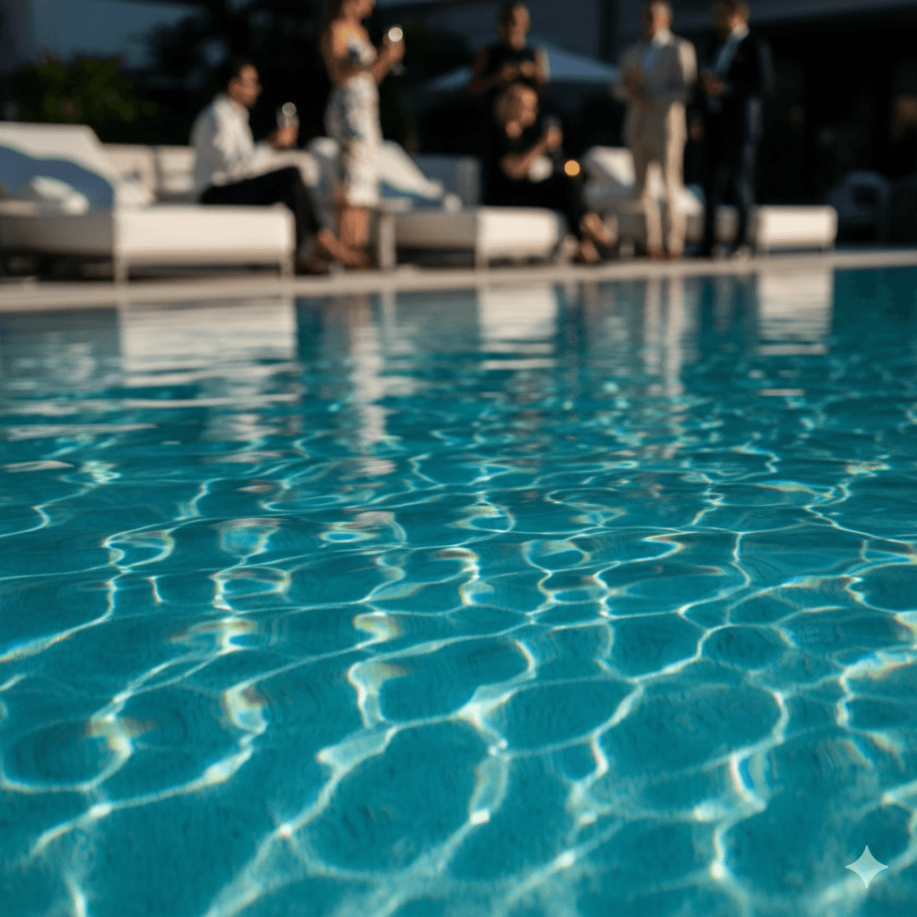 Macro view of turquoise pool water ripples at premium business networking lounge