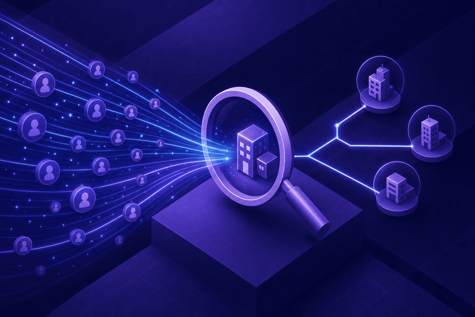 A clean, modern illustration showing anonymous web traffic being analyzed and resolved into company profiles. Digital data streams flowing into a magnifying glass revealing business building icons and network connection nodes, depicted in a dark blue and teal color scheme with glowing lines, abstract and professional, no text or letters