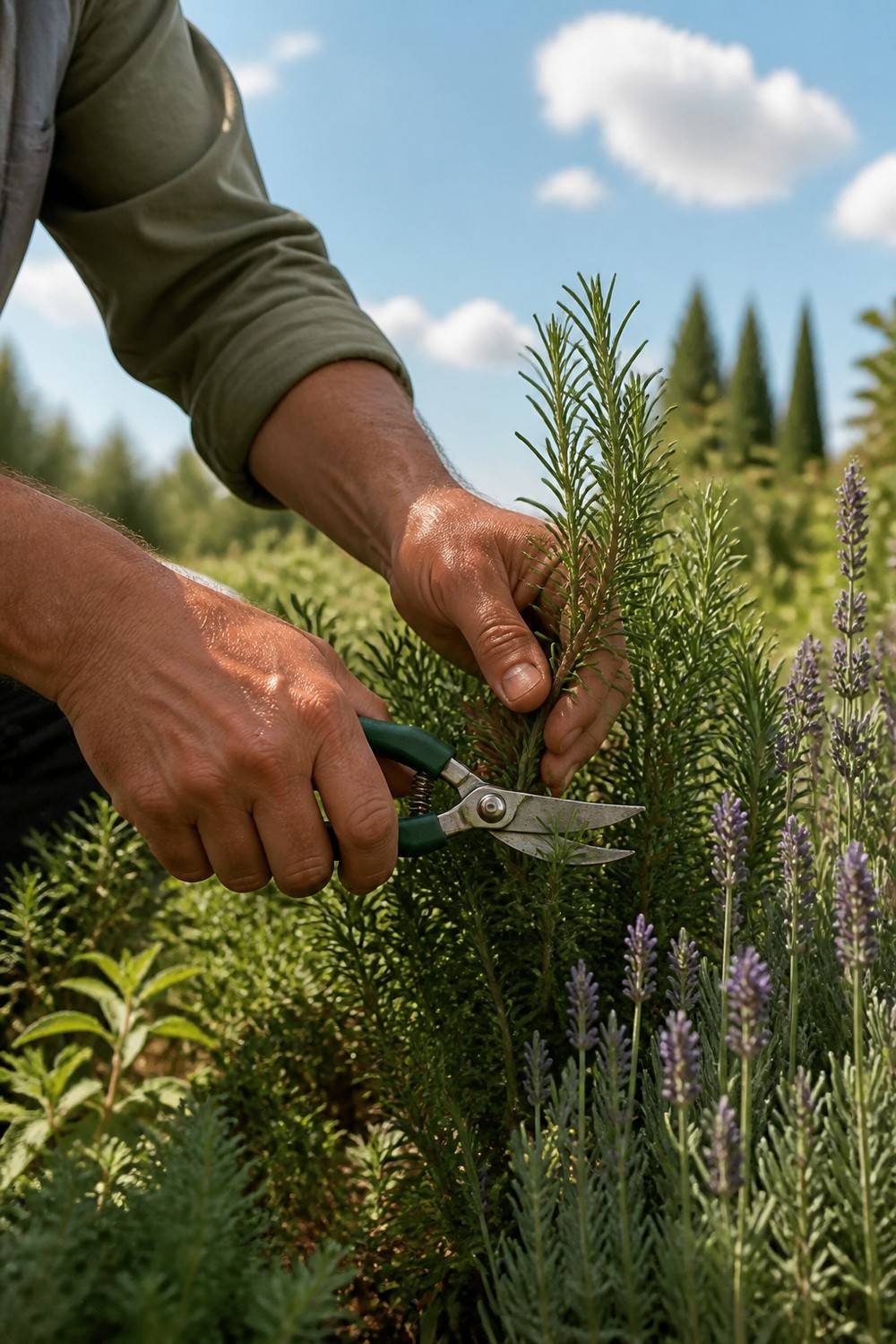 A gardener pruning rosemary among lavender